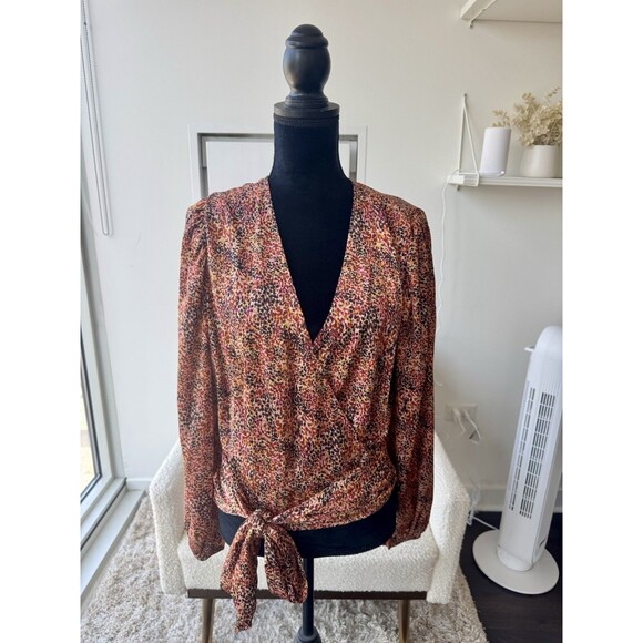 Express Orange Multicolor Satin Wrap Front V-Neck Blouse Size Large NEW! - Picture 1 of 7